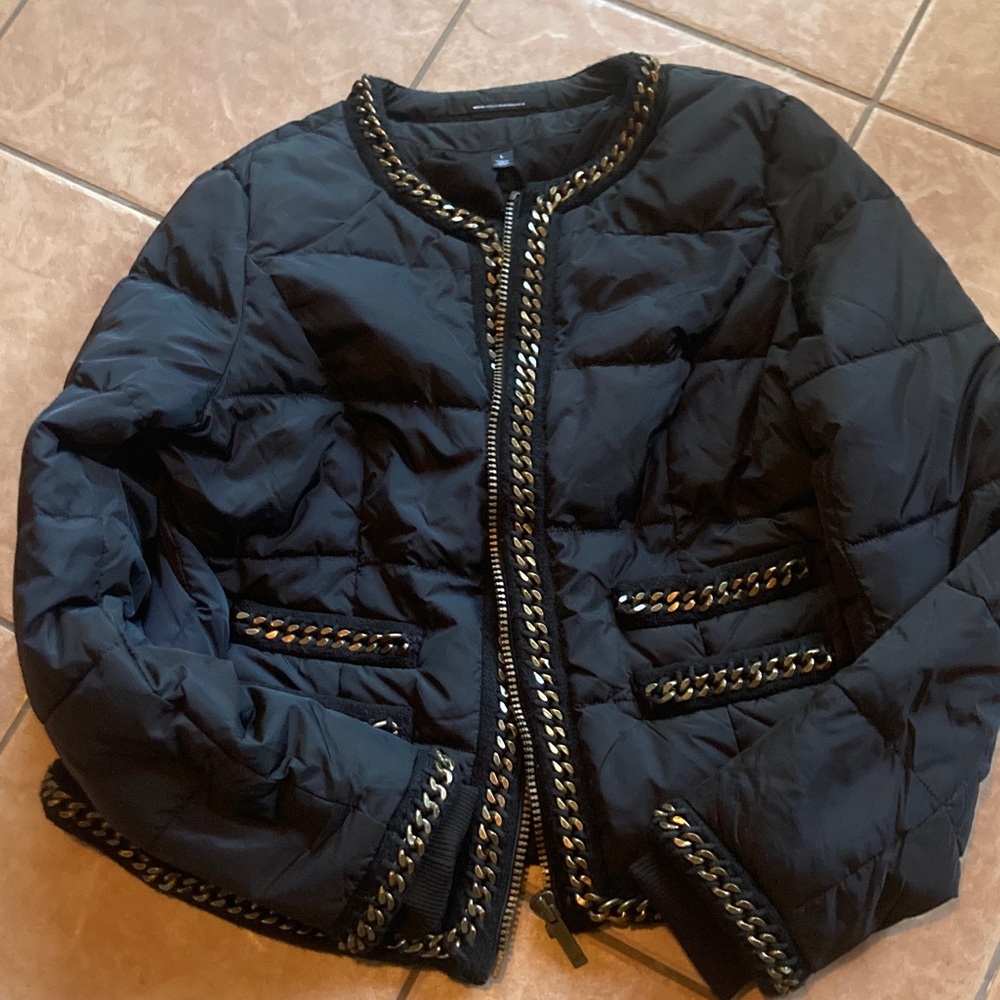 White House Black Market Black Puffer Jacket with Gold Accents